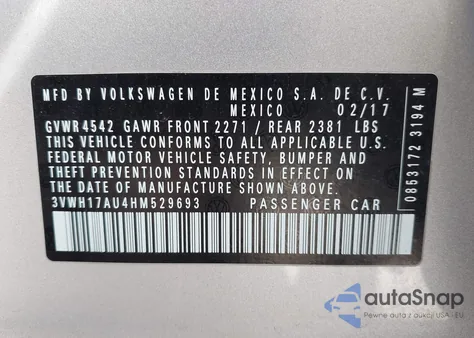 2017 Volkswagen Golf Alltrack Tsi S/Tsi Se/Tsi Sel z USA, uszkodzony, nr VIN 3VWH17AU4HM529693